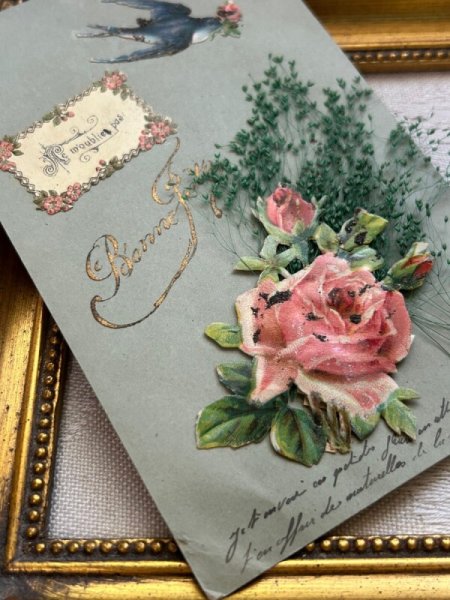 画像3: Postcard アンティークポストカード ツバメ 薔薇の花 クロモス (3)