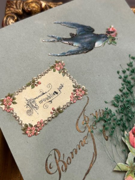 画像5: Postcard アンティークポストカード ツバメ 薔薇の花 クロモス (5)