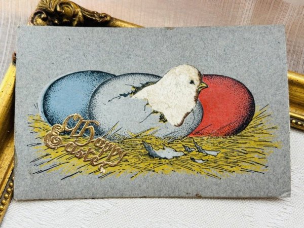 画像2: Postcard アンティークポストカード イースター  生まれたてのヒヨコ 卵 ベルベッド アメリカ1911年 (2)