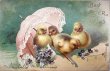 画像1: Postcard　アンティークポストカード　イースター 　ピンク色の日傘とヒヨコ　スミレ　アメリカ1905年 (1)
