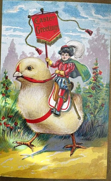 画像1: Postcard　アンティークポストカード　イースター 　ヒヨコに乗る騎士　 (1)