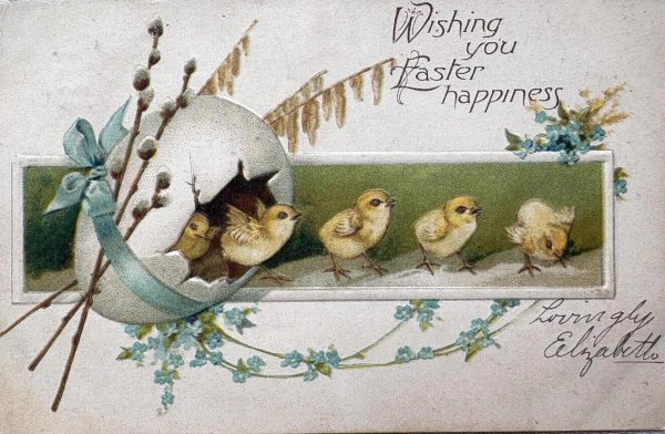 画像1: Postcard　アンティークポストカード　イースター 　卵から出てきたヒヨコ　忘れな草　Ellen Clapsaddle (1)