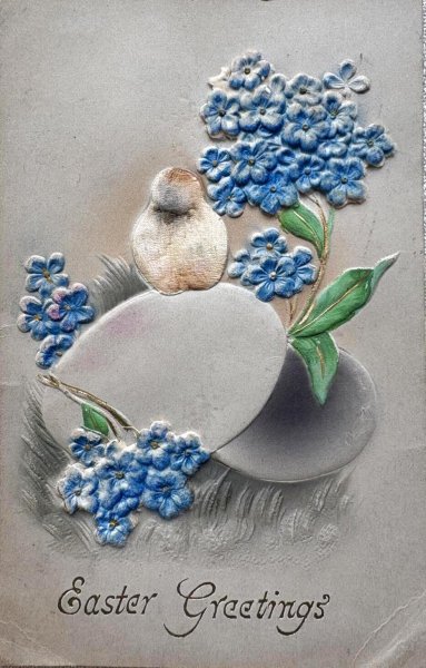 画像1: Postcard　アンティークポストカード　イースター 　ヒヨコと忘れな草のお花と卵　アメリカ1909年 (1)