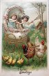 画像1: Postcard　アンティークポストカード　イースター 　ニワトリ車に乗る女の子たち　ヒヨコ (1)