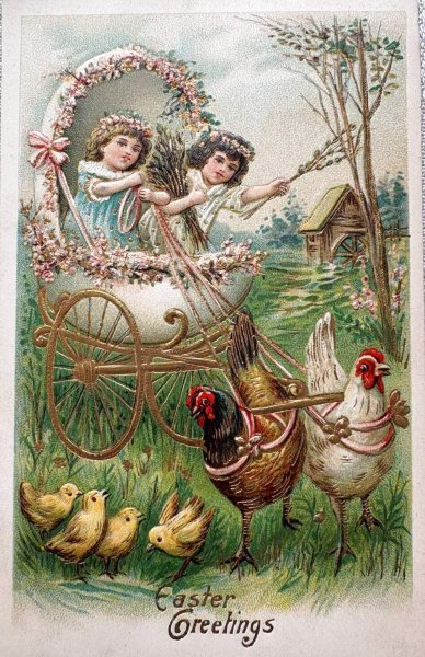 画像1: Postcard　アンティークポストカード　イースター 　ニワトリ車に乗る女の子たち　ヒヨコ (1)