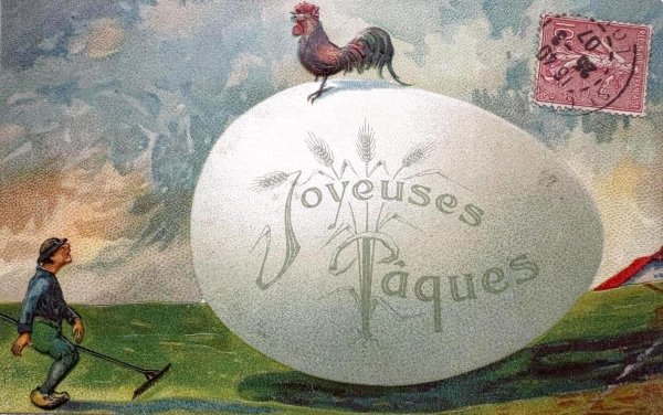 画像1: Postcard　アンティークポストカード　イースター　大きな卵とニワトリ　フランス1907年 (1)