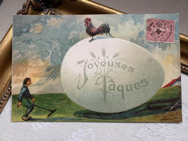 画像2: Postcard　アンティークポストカード　イースター　大きな卵とニワトリ　フランス1907年 (2)