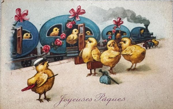 画像1: Postcard　アンティークポストカード　イースター　卵の汽車に乗るヒヨコさん　ひよこ　駅　ベルギー1947年 (1)