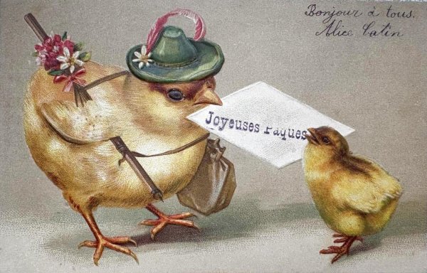 画像1: Postcard　アンティークポストカード　イースター　手紙を渡すヒヨコの郵便屋さん　フランス1905年 (1)