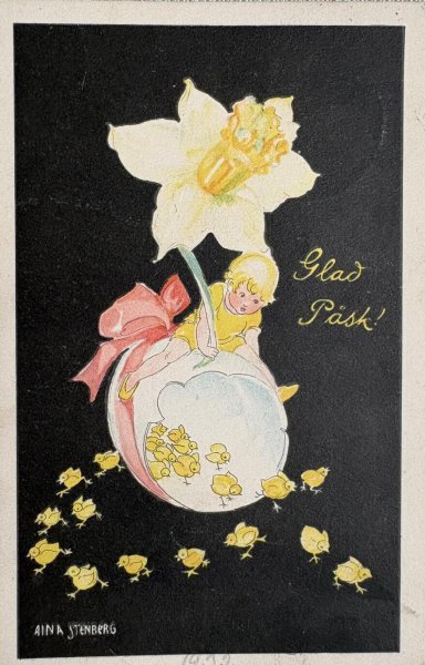 画像1: Postcard　アンティークポストカード　（ミニサイズ）　イースター　ラッパ水仙のお花と女の子とヒヨコ　卵　Aina Stenberg スウェーデン (1)