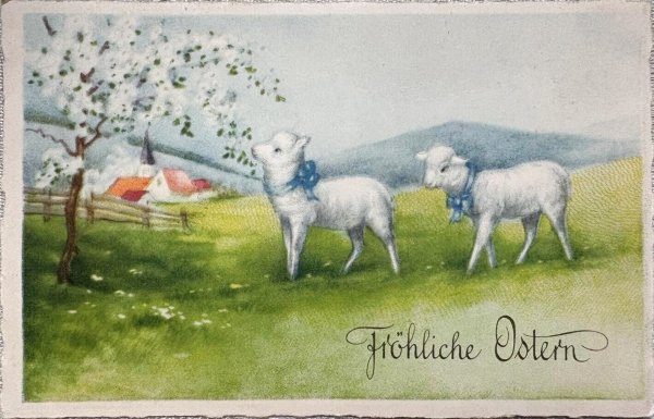 画像1: Postcard 　アンティークポストカード   イースター　牧場の羊と白いお花　スイス1930年代 (1)