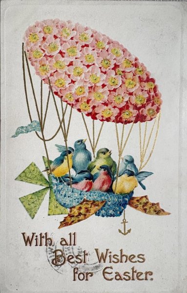 画像1: Postcard 　アンティークポストカード   イースター　小鳥の気球船　アオガラ (1)