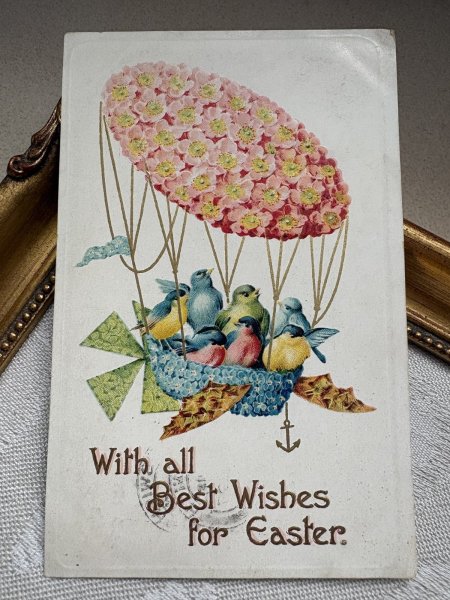 画像2: Postcard 　アンティークポストカード   イースター　小鳥の気球船　アオガラ (2)