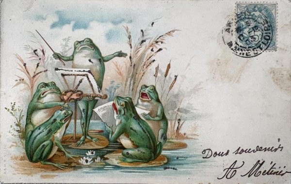画像1: Postcard 　アンティークポストカード   イースター　カエルの合唱　バイオリン　指揮者　フランス1903年 (1)
