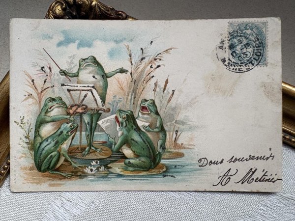 画像2: Postcard 　アンティークポストカード   イースター　カエルの合唱　バイオリン　指揮者　フランス1903年 (2)