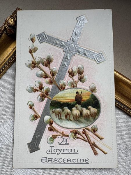 画像2: Postcard 　アンティークポストカード   イースター　羊と十字架　ネコヤナギ　（未使用） (2)