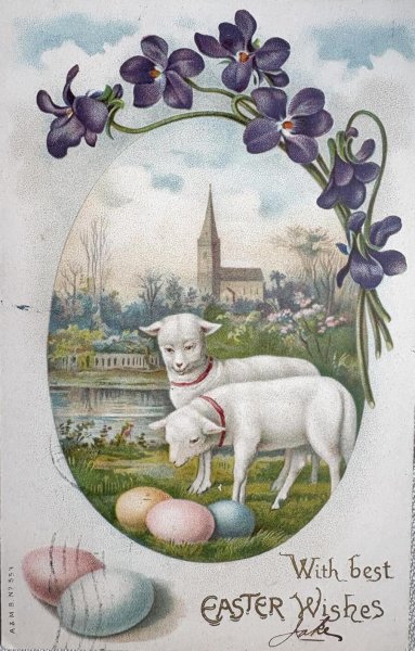 画像1: Postcard 　アンティークポストカード   イースター　羊と卵　スミレのお花　教会　水辺　アメリカ1908年 (1)