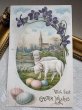 画像2: Postcard 　アンティークポストカード   イースター　羊と卵　スミレのお花　教会　水辺　アメリカ1908年 (2)