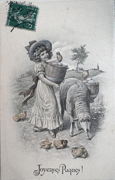 画像1: Postcard 　アンティークポストカード   イースター　卵を運ぶ女の子と羊とヒヨコ　ウィーン趣味　オーストリア製 (1)
