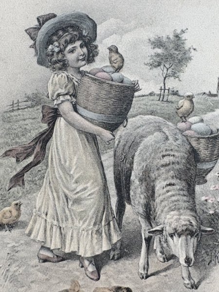 画像3: Postcard 　アンティークポストカード   イースター　卵を運ぶ女の子と羊とヒヨコ　ウィーン趣味　オーストリア製 (3)