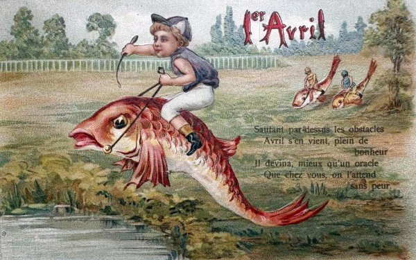 画像1: Postcard 　アンティークポストカード   魚に乗る騎手　エイプリルフール　4月の魚　フランス1907年 (1)