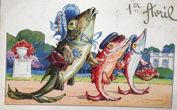 画像1: Postcard 　アンティークポストカード  　お出かけをする魚たち　エイプリルフール　4月の魚　（未使用） (1)