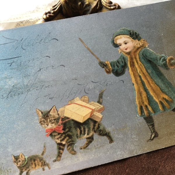 画像1: Postcard　プレゼントを運ぶキジトラ猫の親子　Helena Maguire (1)