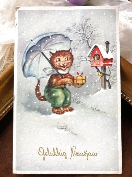 画像2: Postcard 小鳥とお話しをする猫 オランダ1956年 (2)