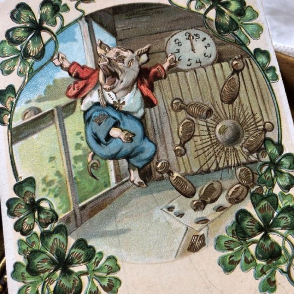 画像1: Postcard　New Year　ボウリング遊ぶをする豚さん　アメリカ1908年 (1)
