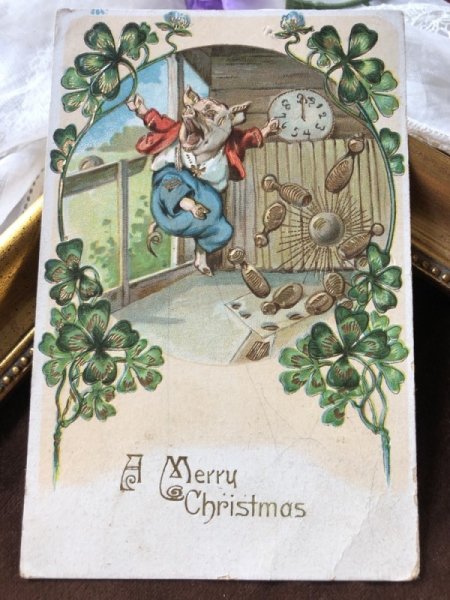 画像2: Postcard New Year ボウリング遊ぶをする豚さん アメリカ1908年 (2)