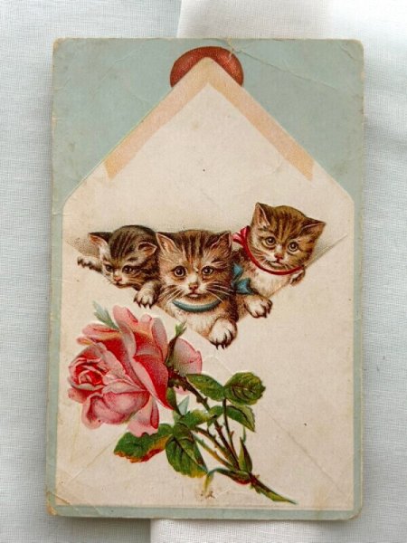 画像1: Greeting card 　アンティークカード　封筒の中の子猫　薔薇のお花　 (1)