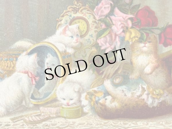 画像3: Postcard  　アンティークポストカード　お化粧台の上で遊ぶ子猫たち　時計　薔薇　香水　アメリカ1910年 (3)