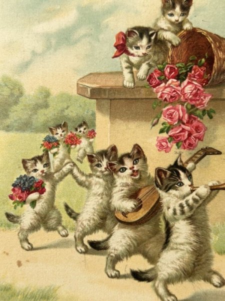 画像3: Postcard アンティークポストカード 子猫の音楽隊 薔薇 トランペット マンドリン ダンス Wally Fialkowska ベルギー1936年 (3)