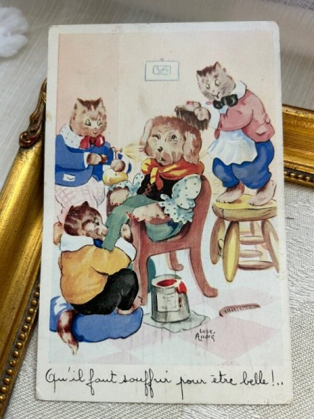 画像2: Postcard アンティークポストカード  犬のお客さん 猫の美容師さん Luce Andre (2)