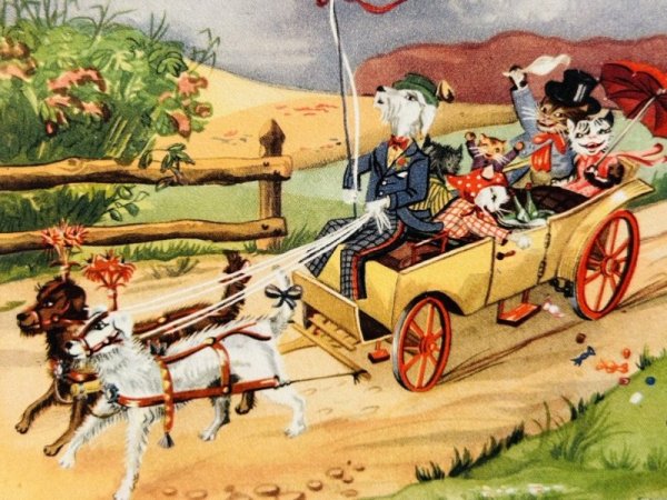 画像2: Postcard　アンティークポストカード　犬車でお出かけをする犬と猫 (2)