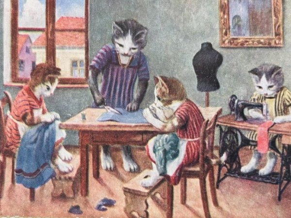 画像2: Postcard   アンティークポストカード 猫の洋裁屋さん ミシン フランス1944年 (2)