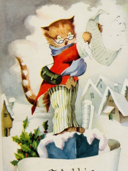 画像2: Postcard   アンティークポストカード 新年 New Year 公布を読み上げるトラ猫 Monique Martin (2)