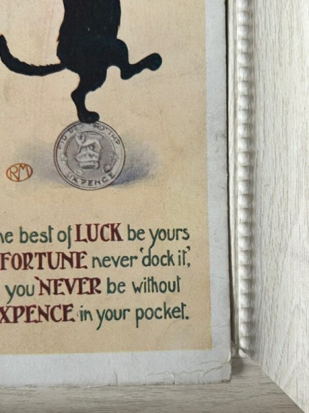 画像3: Postcard  　アンティークポストカード　Good Luck　6ペンス硬貨に乗る黒猫　イギリス1918年 (3)