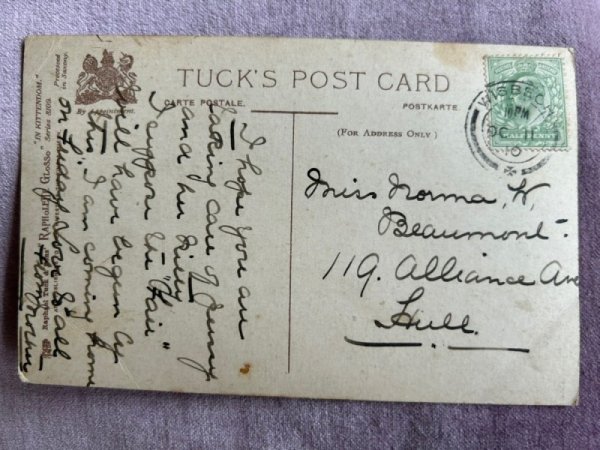 画像2: Postcard アンティークポストカード 子猫とティーカップ ティーセット イギリス1910年 (2)