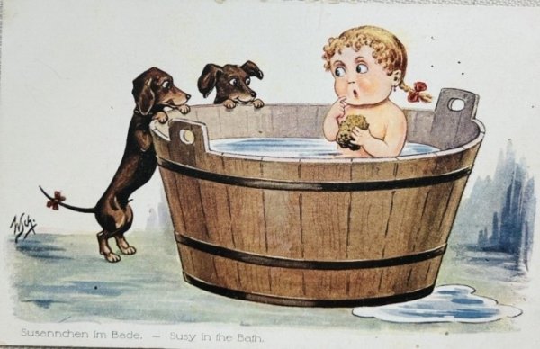 画像1: Postcard　アンティークポストカード　お風呂に入る女の子とダックスフンド犬　1914年 (1)