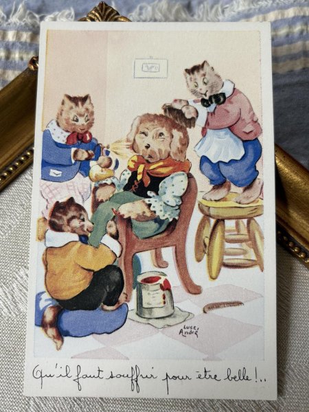 画像2: Postcard　アンティークポストカード　犬のお客様　猫の美容師・ネイリスト　フランス　Luce Andre （未使用） (2)