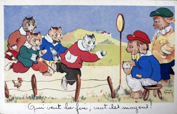 画像1: Postcard　アンティークポストカード　ゴールする猫に意地悪をする猫　犬の審判　フランス　Luce Andre （未使用） (1)