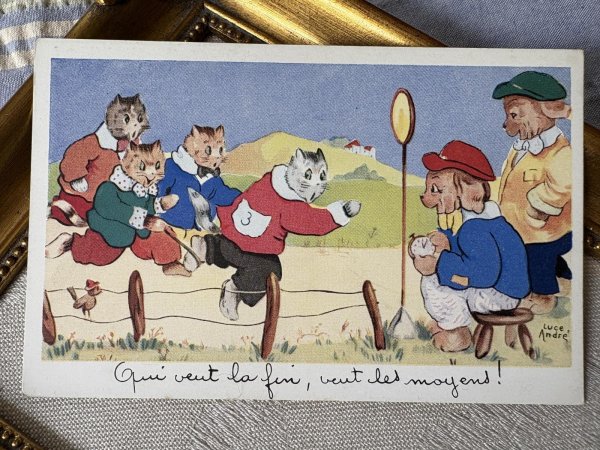画像2: Postcard　アンティークポストカード　ゴールする猫に意地悪をする猫　犬の審判　フランス　Luce Andre （未使用） (2)