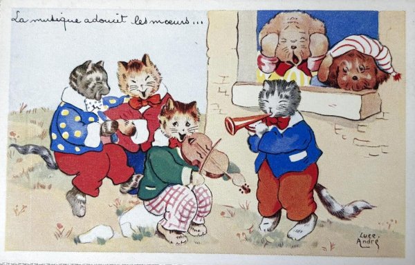 画像1: Postcard　アンティークポストカード　猫の音楽隊　耳をふさぐ犬たち　フランス　Luce Andre （未使用） (1)