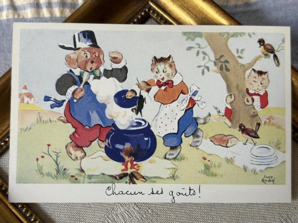 画像2: Postcard　アンティークポストカード　お鍋にネズミを入れる猫　怒る犬　ピクニック　フランス　Luce Andre （未使用） (2)
