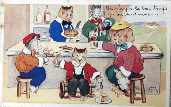 画像1: Postcard　アンティークポストカード　猫と犬の酒場　バー　お酒　フランス　Luce Andre （未使用） (1)
