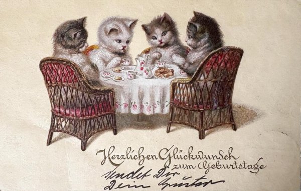 画像1: Postcard　アンティークポストカード　猫のお茶会　ティーパーティ　Wally Fialkowska　ドイツ1932年 (1)
