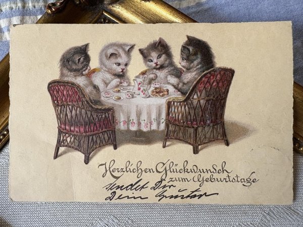 画像2: Postcard アンティークポストカード 猫のお茶会 ティーパーティ Wally Fialkowska ドイツ1932年 (2)