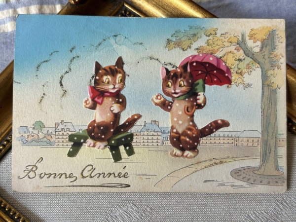画像2: Postcard アンティークポストカード 雪降る日に公園で待ち合わせをしていた猫たち 傘 フランス  (2)