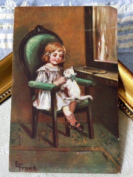 画像2: Postcard アンティークポストカード 女の子と白い猫 ドイツ (2)